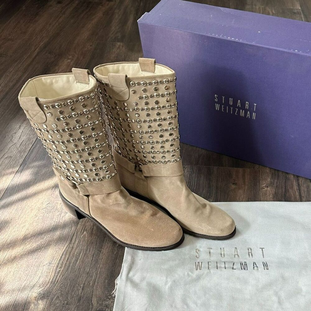 New w/ Box Stuart Weitzman Moto Boots Studded Taupe Beige Suede Heels Size 10